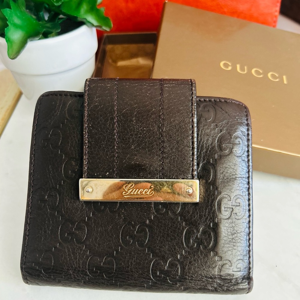 Gucci Dark Brown Embossed Leather Bifold Wallet